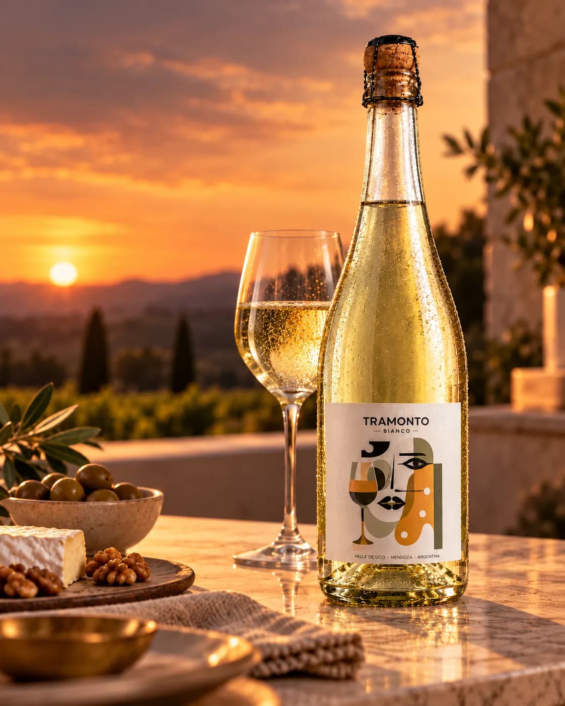 Botella de Tramonto Bianco, espumante dulce natural blanco de Torrontés, con copa y tabla de quesos al atardecer