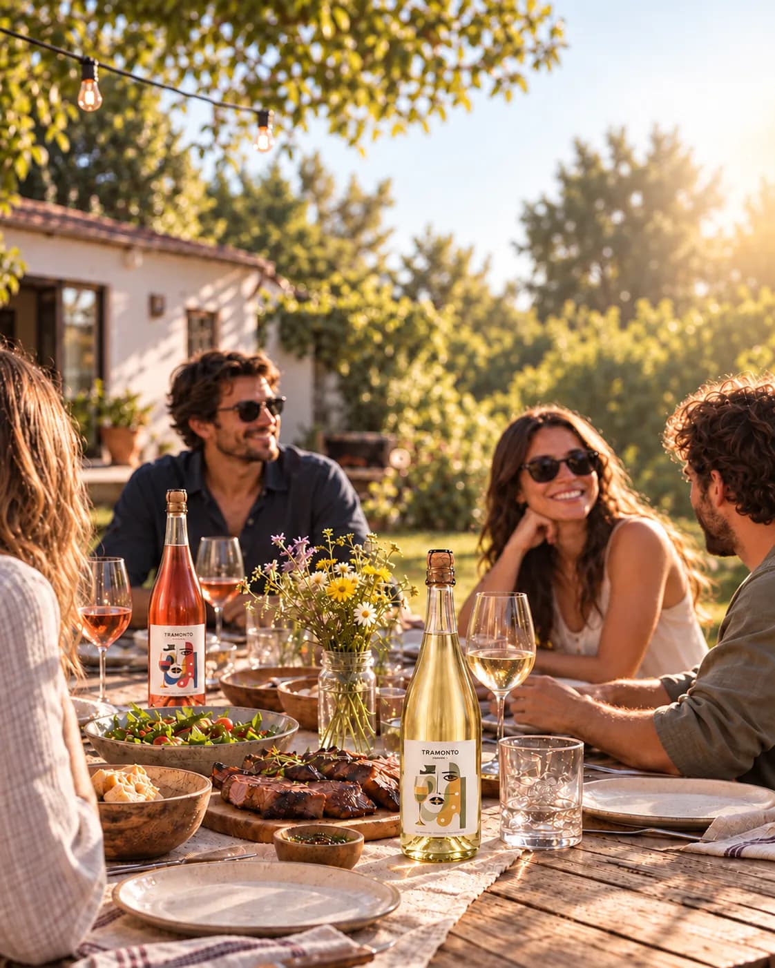 Almuerzo de domingo al aire libre con amigos, con botellas de Tramonto Bianco y Rosso en la mesa