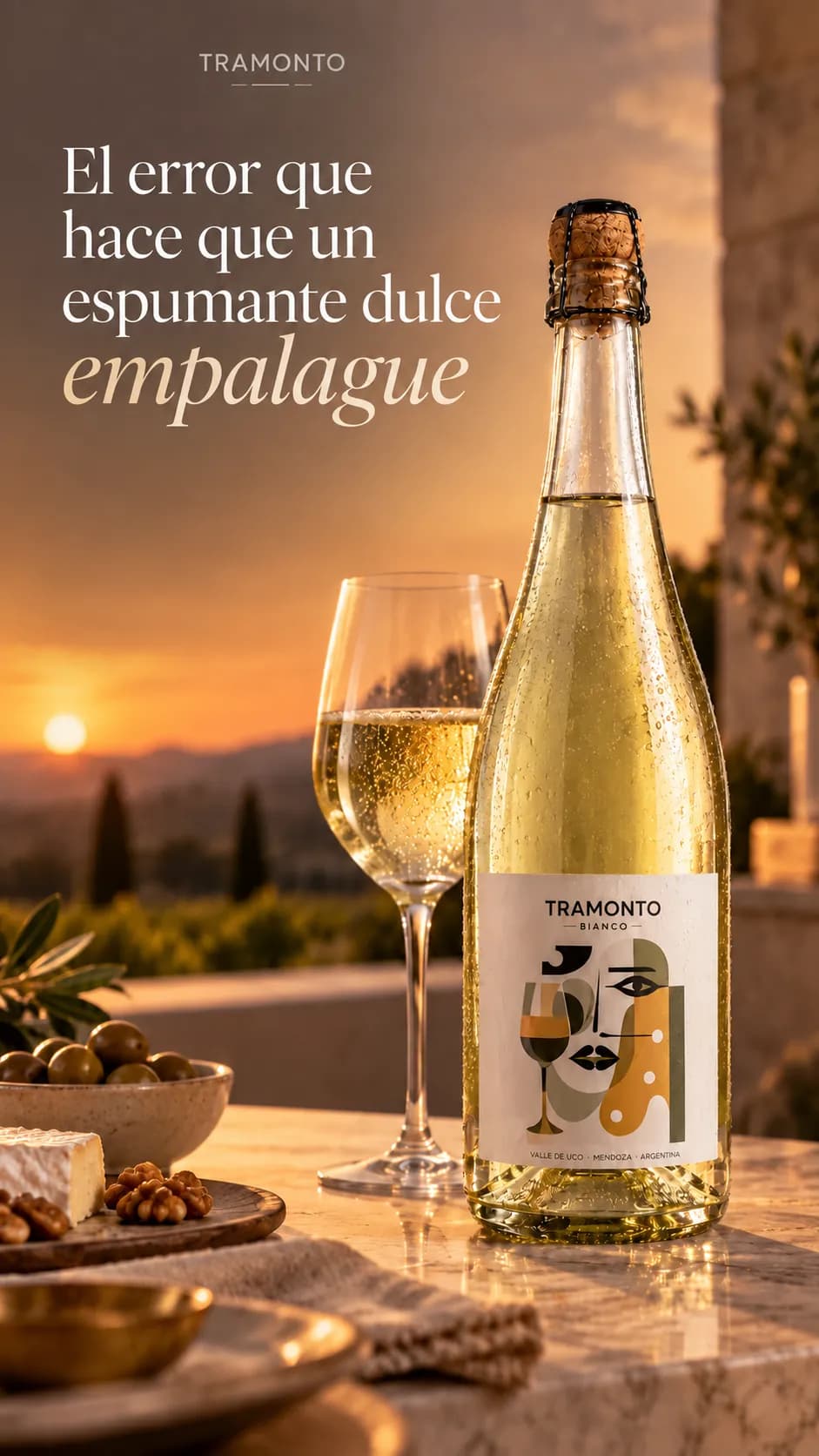 Botella de Tramonto Bianco, espumante dulce natural, servida bien fría con luz de atardecer