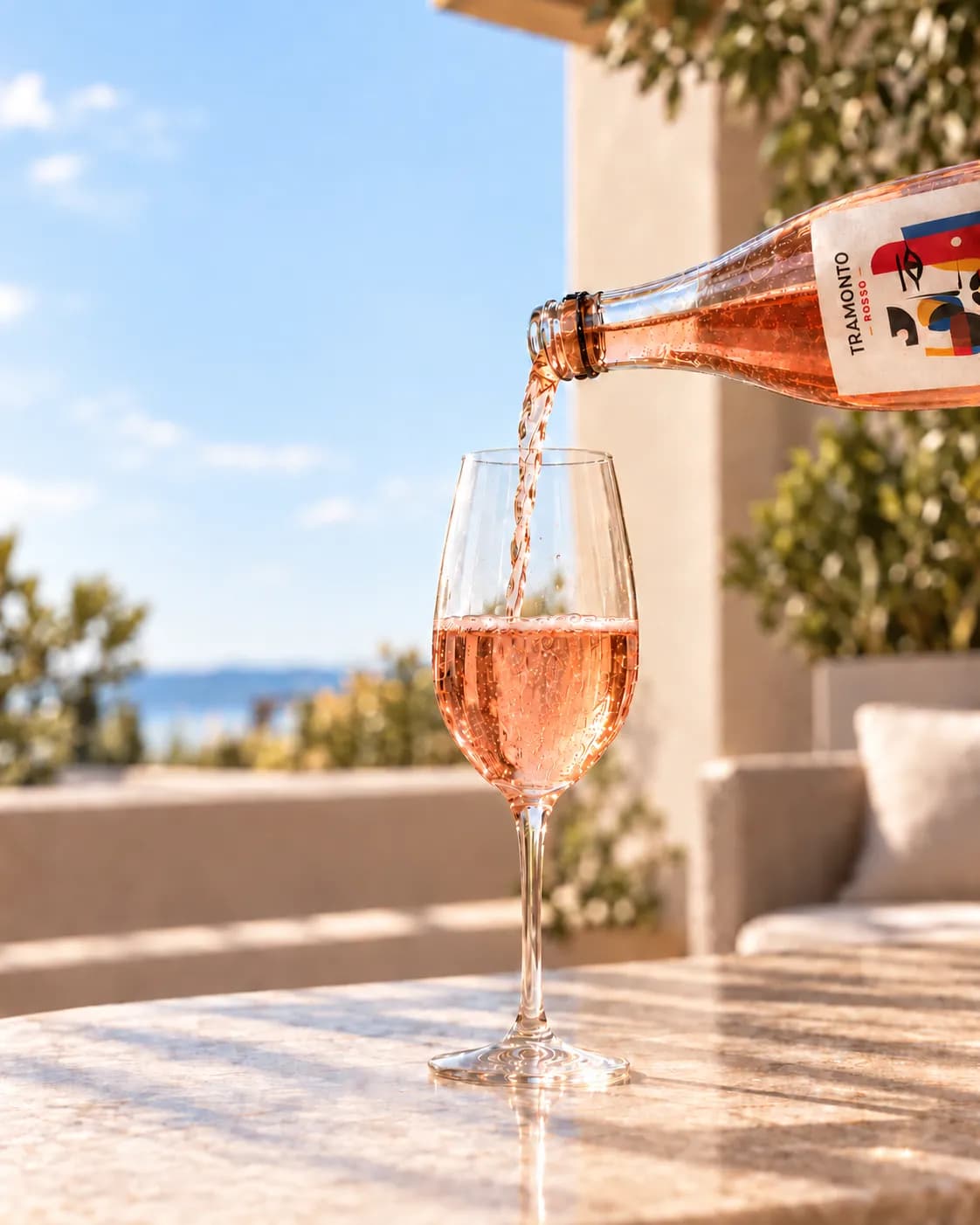 Tramonto Rosso, espumante dulce natural rosado de Malbec, sirviéndose en una copa